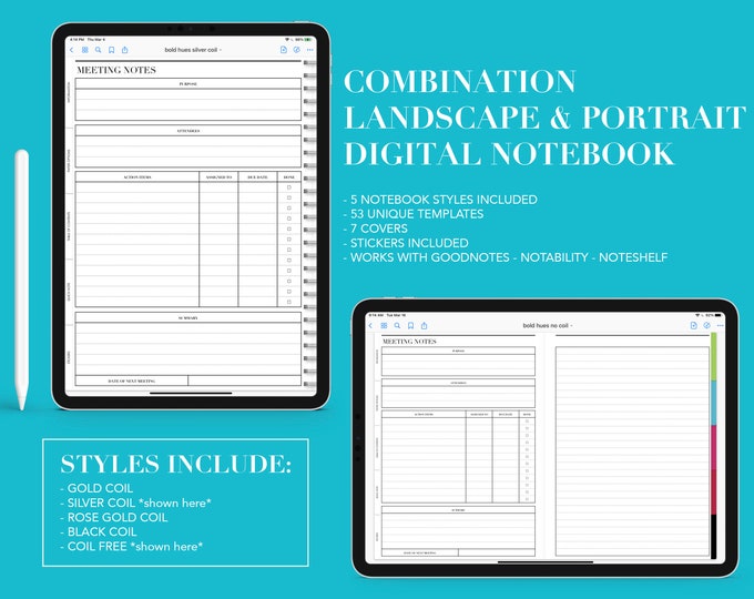 5 Subject Digital Notebook | 53 Templates | Landscape or Portrait | for Goodnotes (Bold Hues Color)