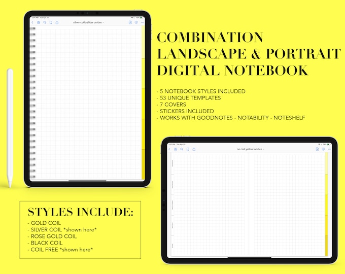 5 Subject Digital Notebook | 53 Templates | Landscape or Portrait | for Goodnotes (Yellow Ombre Color)