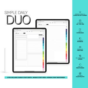 May include: Two digital tablets displaying a digital planner with a white stylus. The planner has a daily and weekly layout with a colorful tabbed index. Text on the image reads "Simple Daily Duo".
