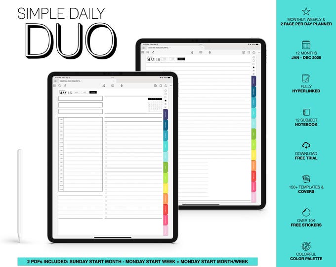 2026 Digital Planner | Simple Daily Duo | for Goodnotes (Colorful Color)