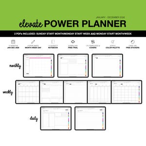 以下が含まれることがあります： 2026年1月から12月までの「elevate POWER PLANNER」というタイトルのデジタルプランナー。月間、週間、日間のレイアウトが含まれています。ハイパーリンク、12科目ノート、無料トライアル、170のテンプレート、楽しいカラーパレット、10,000以上の無料ステッカーなどの機能があります。
