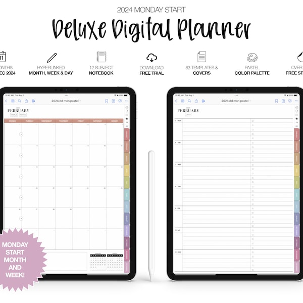 2024 Monday Start Deluxe Digital Planner & 12 Subject Notebook | Monthly, Weekly and Daily | Available for Noteshelf - Goodnotes | Pastel