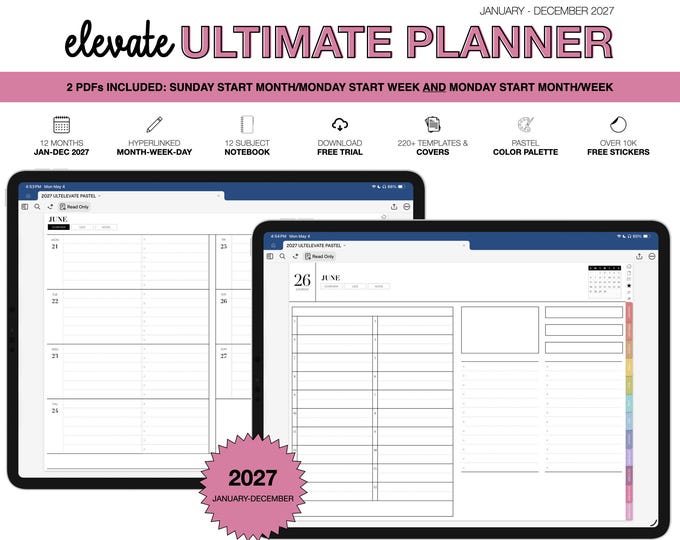 2027 Digital Planner for Goodnotes, Notability, 12 Subject Notebook (Ultimate Elevate in Pastel Color)