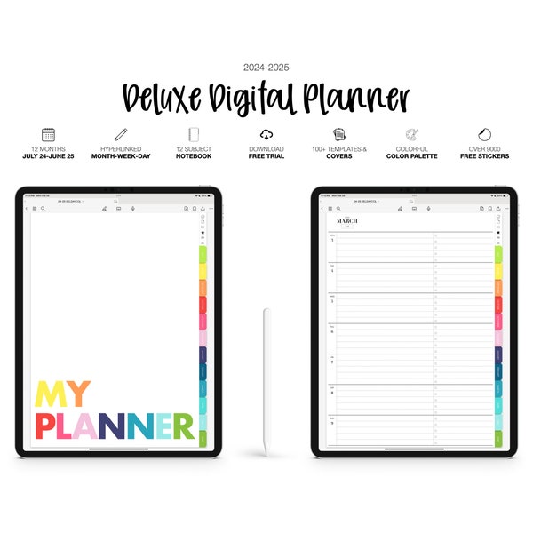 2024-2025 MID YEAR Deluxe Daily Digital Planner & 12 Subject Notebook | Monthly, Weekly and Daily | Goodnotes, Noteshelf  | Colorful