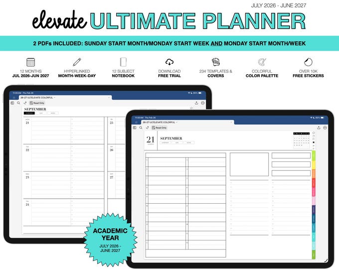 2026-2027 Digital Planner for Goodnotes, Notability, Mid Year, 12 Subject Notebook (Ultimate Elevate in Colorful Color)