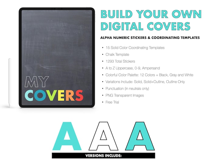 Build Your Own Digital Covers with 1293 Alpha Numeric Stickers and Templates | Goodnotes | Digital Download | Colorful Color