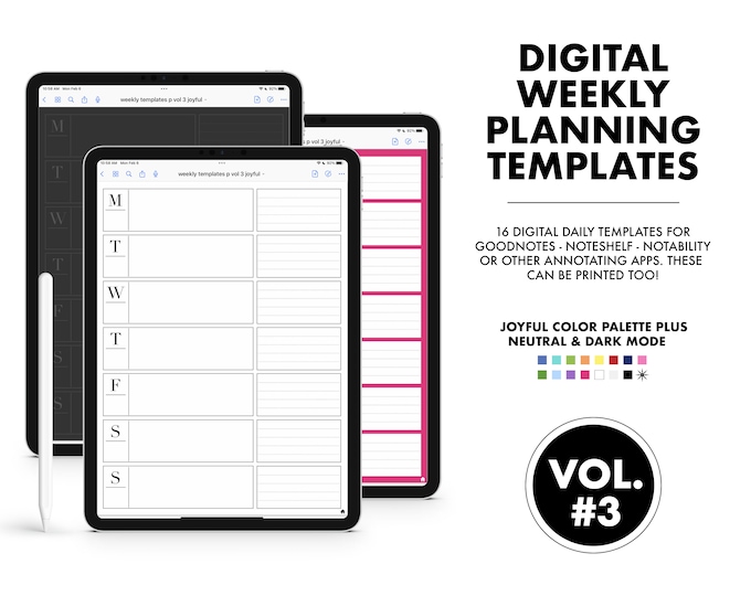 This Week VOL 3 - 16 Digital Weekly Planning Templates |  Joyful, Neutral and Dark Mode