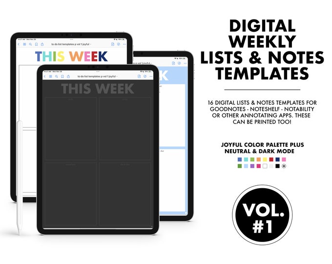 16 Digital Lists and Notes Planning Templates - VOL 1  |  Joyful, Neutral and Dark Mode