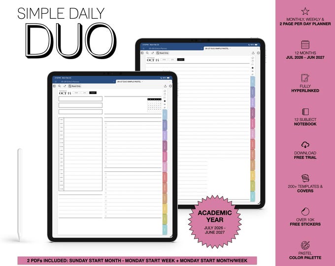 2026-2027 Digital Planner for Goodnotes, Notability, Mid Year, 12 Subject Notebook, 2 Page Per Day (Simple Duo in Pastel Color)