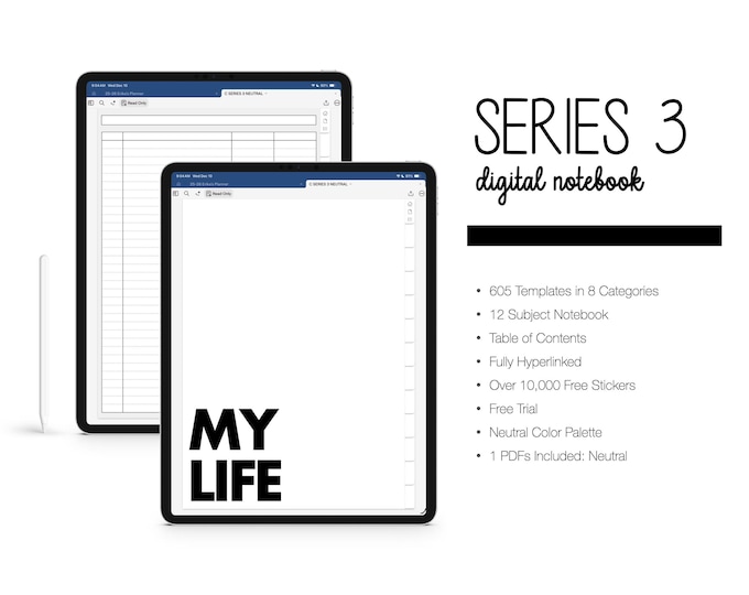 Digital Notebook for Goodnotes, Notability, 12 Subject, 757 Templates (Series 3 in Neutral Color)