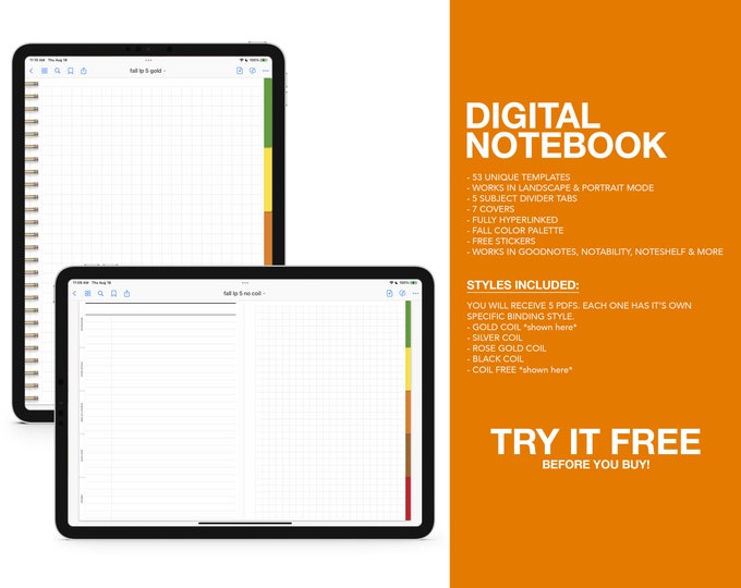 5 Subject Digital Notebook | 53 Templates | Landscape or Portrait | for Goodnotes (Fall Colors)