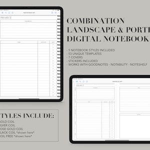 May include: A digital notebook for iPad with 53 unique templates, 7 covers, and stickers. The notebook is compatible with Goodnotes, Notability, and Noteshelf. The image shows a landscape and portrait view of the notebook.