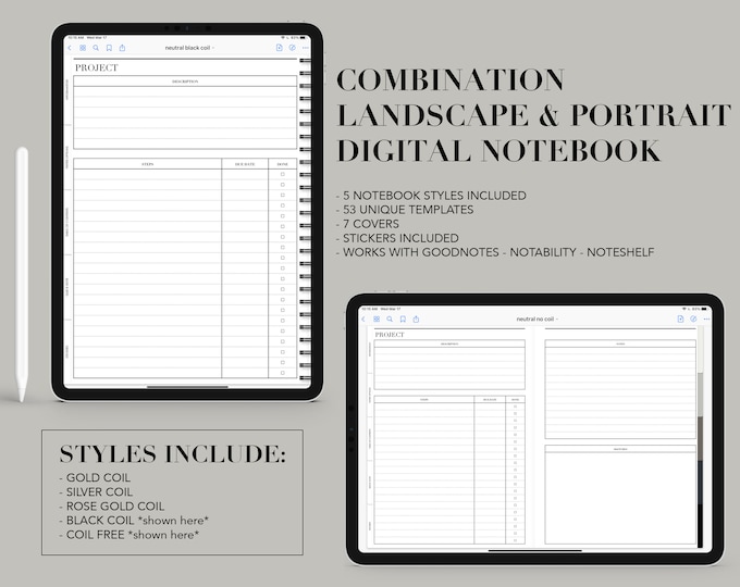 5 Subject Digital Notebook | 53 Templates | Landscape or Portrait | for Goodnotes (Neutral Color)