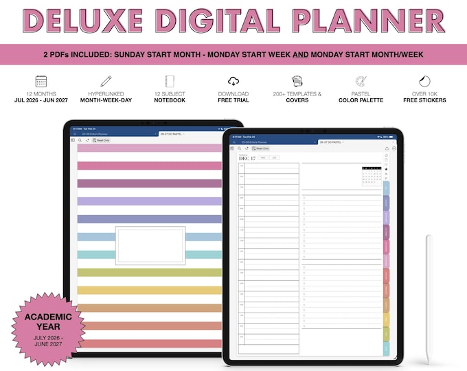 2026-2027 Digital Planner for Goodnotes, Notability, Mid Year, 12 Subject Notebook (Deluxe in Pastel Color)