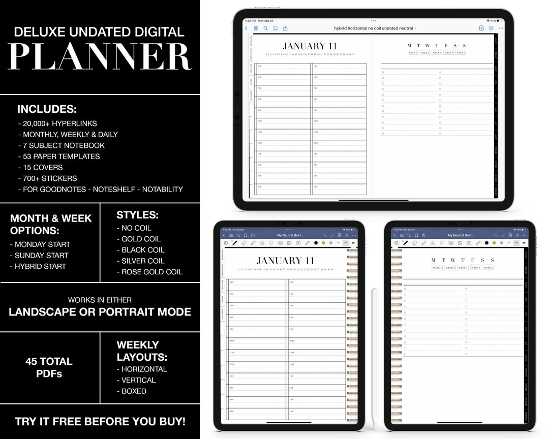 Undated Digital Planner 7 Subject Notebook Fully Hyperlinked Monthly
