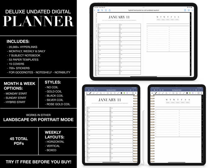 Undated Digital Planner | 7 Subject Notebook | Fully Hyperlinked | Monthly, Daily & Weekly | GoodNotes | Notability | Noteshelf | Neutral
