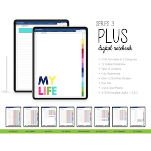 Puede incluir: Dos tabletas negras que muestran un cuaderno digital con el texto "MY LIFE" en letras coloridas. El cuaderno presenta un sistema de pestañas colorido y el texto "SERIES 3 PLUS digital notebook". Texto adicional enumera características.