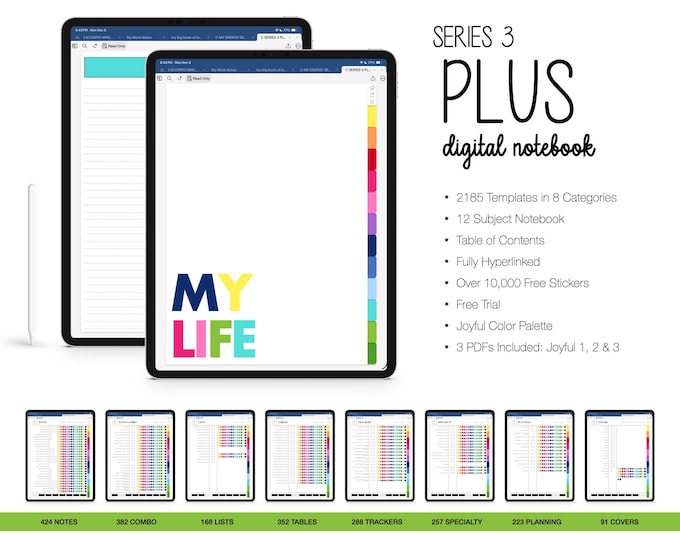 Digital Notebook for Goodnotes, Notability, 12 Subject,  2185 Templates  (Series 3 Plus in Joyful Color)