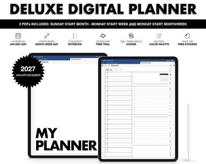 2027 Digital Planner for Goodnotes, Notability, 12 Subject Notebook (Deluxe in Neutral Color)