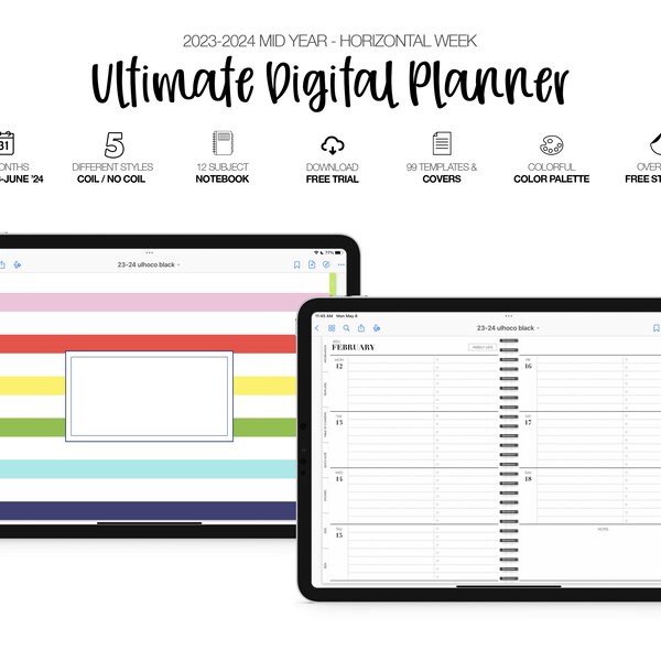 2023-2024 Mid Year Ultimate Digital Planner - Horizontal Week | 12 Subject Notebook | Monthly, Weekly and Daily | Colorful