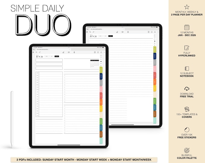 2026 Digital Planner | Simple Daily Duo | for Goodnotes (Blissful Color)