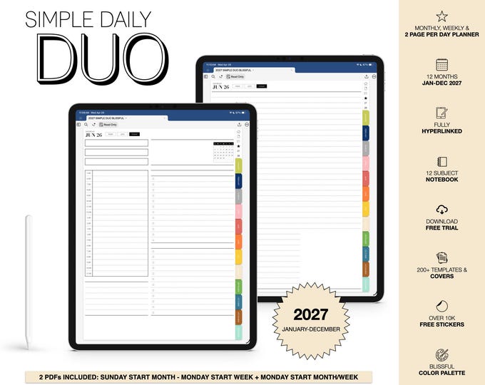 2027 Digital Planner for Goodnotes, Notability, 12 Subject Notebook, 2 Page Per Day (Simple Daily Duo in Blissful Color)