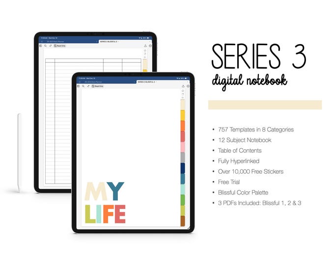 Digital Notebook for Goodnotes, Notability, 12 Subject, 757 Templates (Series 3 in Blissful Color)