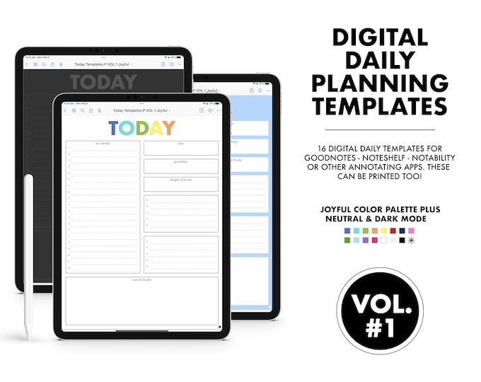 16 Digital Daily Planning Templates - Today VOL 1 - |  Joyful, Neutral and Dark Mode