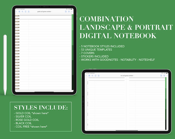 5 Subject Digital Notebook | 53 Templates | Landscape or Portrait | for Goodnotes (Green Ombre Color)