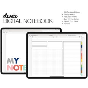 May include: Two black tablets showcasing a digital notebook interface. The left tablet displays the words "MY NOTE" in colourful block letters. The right tablet shows a grid and lined paper layout with a colour-coded tab system. Text on the image reads "Elevate Digital Notebook".