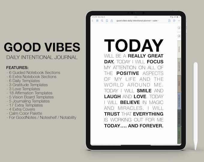 Digital Daily Intentional Journal | Gratitude, Affirmations | for Goodnotes (Calm Color)