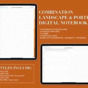 May include: A digital notebook with a combination of landscape and portrait layouts. The notebook includes 5 notebook styles, 53 unique templates, 7 covers, and stickers. It works with Goodnotes, Notability, and Noteshelf. The image shows a digital notebook with a rose gold coil and an orange ombre design.