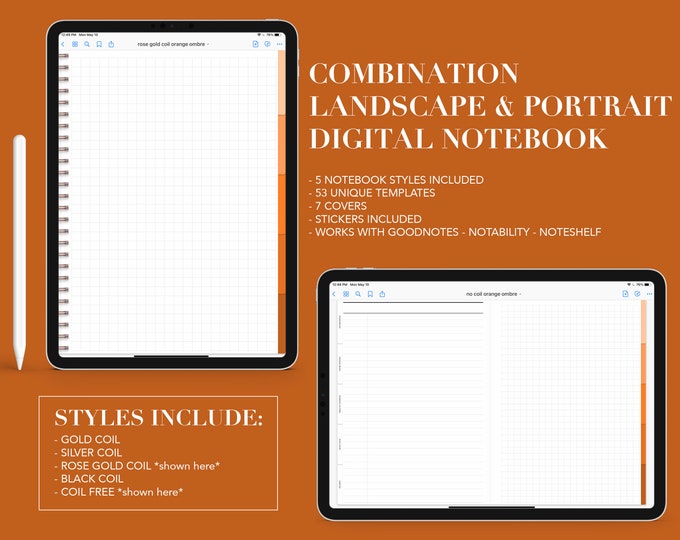 5 Subject Digital Notebook | 53 Templates | Landscape or Portrait | for Goodnotes (Orange Ombre Color)