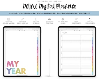 2025-2026 Mid Year Deluxe Digital Planner & 12 Subject Notebook | Monthly, Weekly and Daily Planner | Goodnotes, Noteshelf | Pastel