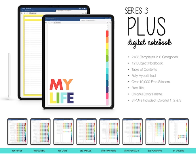 Digital Notebook for Goodnotes, Notability, 12 Subject,  2185 Templates  (Series 3 Plus in Colorful Color)