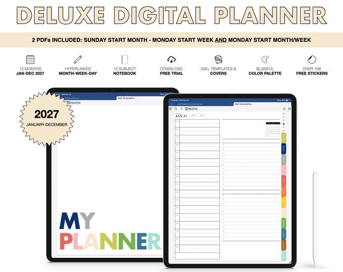 2027 Digital Planner for Goodnotes, Notability, 12 Subject Notebook  (Deluxe in Blissful Color)