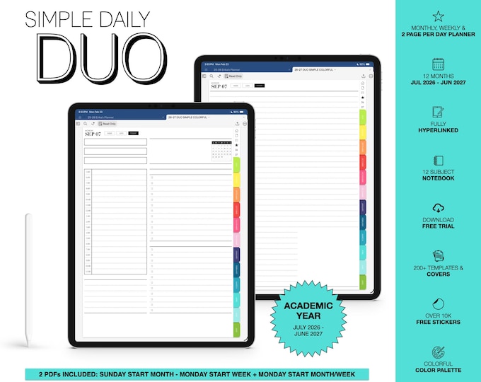 2026-2027 Digital Planner for Goodnotes, Notability, Mid Year, 12 Subject Notebook, 2 Page Per Day (Simple Duo in Colorful Color)