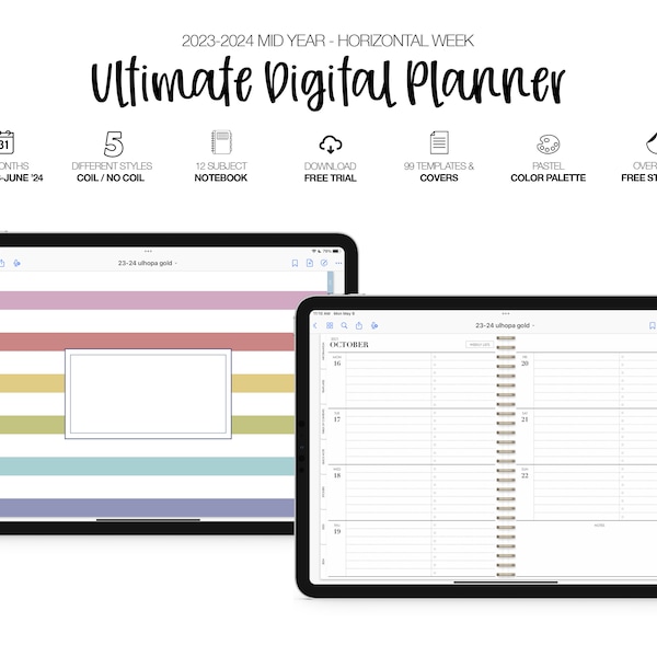 2023-2024 Mid Year Ultimate Digital Planner - Horizontal Week | 12 Subject Notebook | Monthly, Weekly and Daily | Pastel