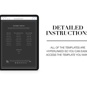 Puede incluir: Una imagen en blanco y negro de una pantalla de tableta que muestra una plantilla de men&uacute; con instrucciones. El texto en la pantalla dice "INSTRUCTIONS" y enumera diferentes opciones de men&uacute;, incluyendo "Meal Only", "Menu/Grocery & Notes" y "Menu/Grocery". El texto tambi&eacute;n incluye "Grocery Lists" y "Labels". La imagen tambi&eacute;n incluye una imagen en blanco y negro de un l&aacute;piz &oacute;ptico.