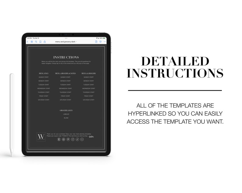 Puede incluir: Una imagen en blanco y negro de una pantalla de tableta que muestra una plantilla de men&uacute; con instrucciones. El texto en la pantalla dice "INSTRUCTIONS" y enumera diferentes opciones de men&uacute;, incluyendo "Meal Only", "Menu/Grocery & Notes" y "Menu/Grocery". El texto tambi&eacute;n incluye "Grocery Lists" y "Labels". La imagen tambi&eacute;n incluye una imagen en blanco y negro de un l&aacute;piz &oacute;ptico.