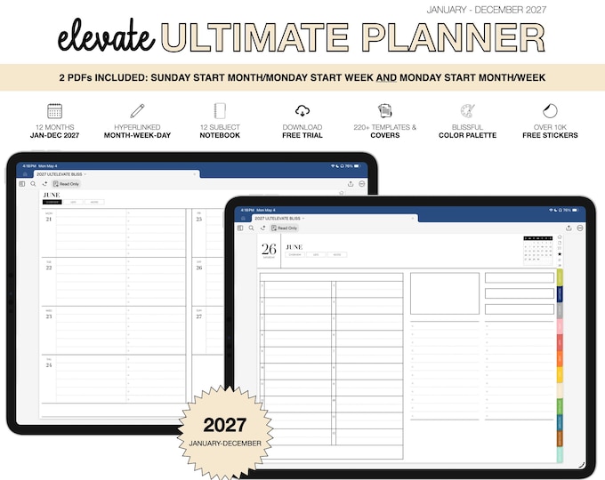 2027 Digital Planner for Goodnotes, Notability, 12 Subject Notebook  (Ultimate Elevate in Blissful Color)