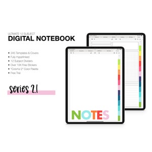 Puede incluir: Una aplicación de cuaderno digital en una pantalla de iPad con el texto "NOTES" en letras de colores. La aplicación ofrece 245 plantillas y portadas, 12 divisores de temas, más de 10.000 pegatinas gratuitas y una paleta de colores "Colorful 2".
