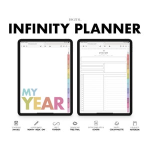 May include: Digital infinity planner with a colorful "My Year" title on the left and a monthly calendar page for January on the right. The planner includes 12 months, hyperlinked month, week, and day views, and a free trial download.