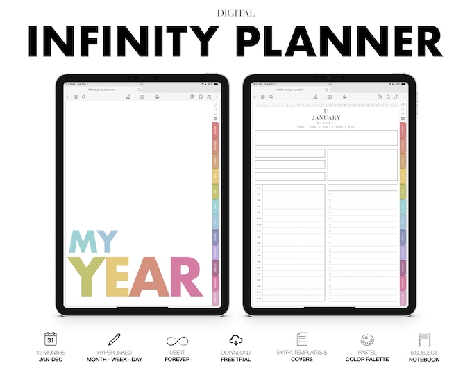 Digital Infinity Planner | Month, Week and Day | 6 Subject Notebook | Hyperlinked | for Goodnotes (Pastel Color)