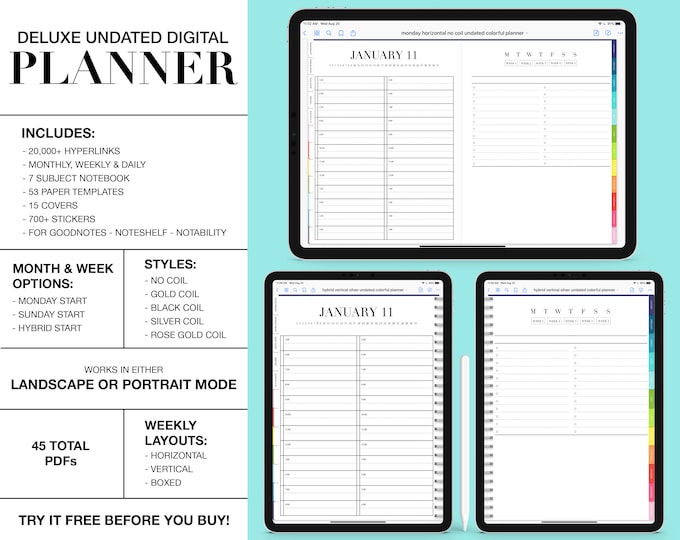 Undated Digital Planner | 7 Subject Notebook | Fully Hyperlinked | Monthly, Daily & Weekly | GoodNotes | Notability | Noteshelf | Colorful