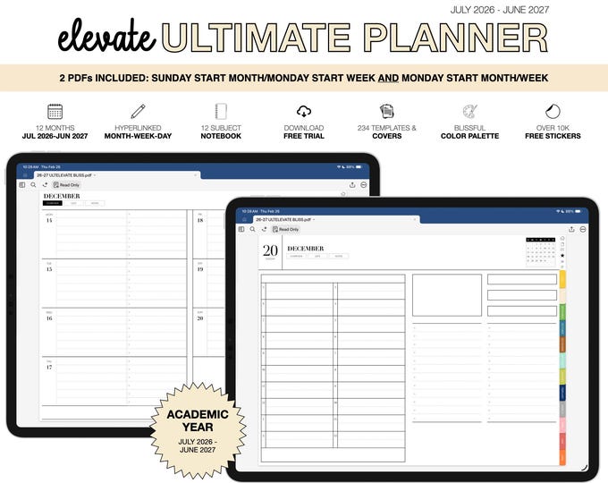 2026-2027 Digital Planner for Goodnotes, Notability, Mid Year, 12 Subject Notebook (Ultimate Elevate in Blissful Color)