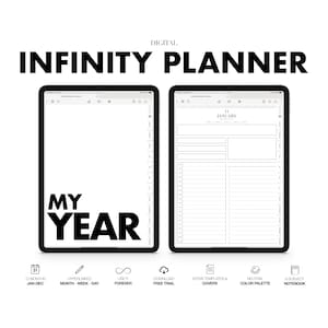 May include: Digital infinity planner with a black and white design. The planner includes 12 months, a hyperlinked month, week, and day view, and a free trial. The planner also includes extra templates and covers, a neutral color palette, and a 6 subject notebook.