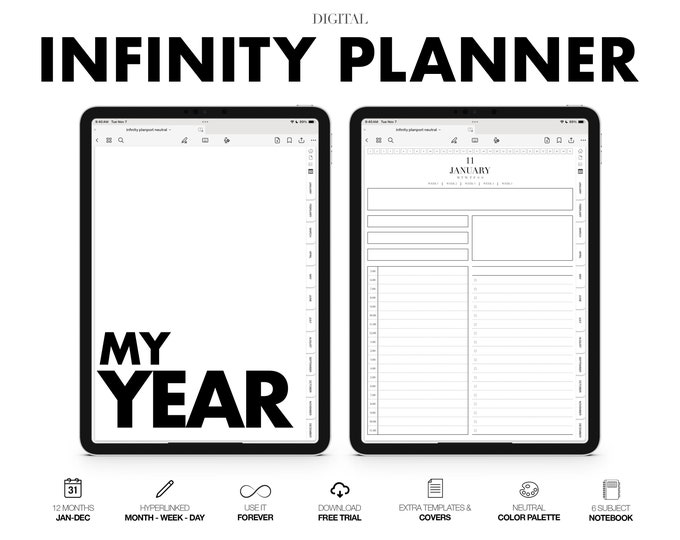 Digital INFINITY Planner | Monthly, Weekly and Daily | 6 Subject Notebook | Hyperlinked | for Goodnotes (Neutral Color)