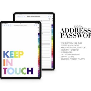 Digitales Adress & Passwort Buch | Ewiger Kalender | 6 Fach Notizbuch | 22 Papiervorlagen | Notizen Regal - Goodnotes | Regenbogen