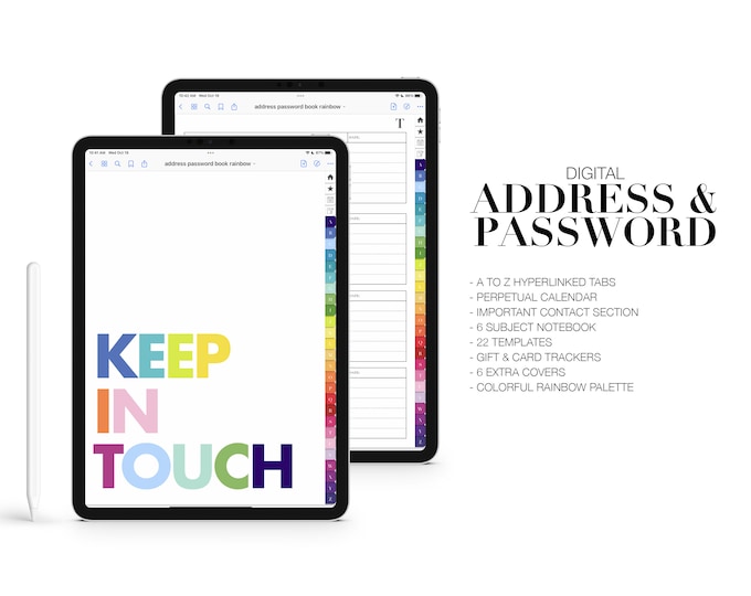 Digital Address & Password Book | Perpetual Calendar | 6 Subject Notebook | for Goodnotes (Rainbow Colors)